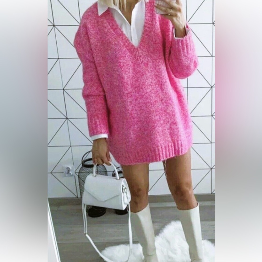 Zara Pink V-Neck Chunky Oversized Knit Sweater